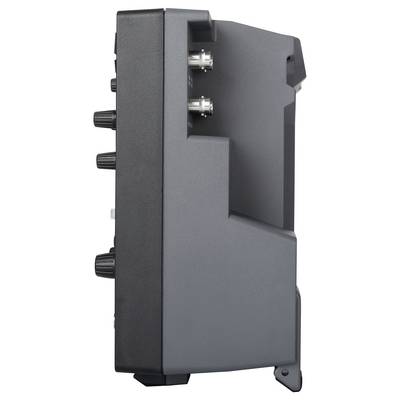 Vue latérale d'un appareil électronique gris doté de plusieurs boutons rotatifs et de différentes connexions.