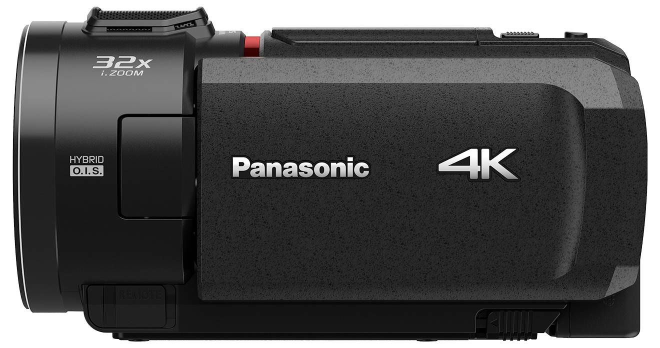 'Caméra vidéo Panasonic 4K noire avec zoom 32x et stabilisation hybride O.I.S.'