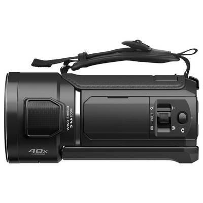 Caméra vidéo portable noire avec zoom 48x et microphone pare-brise. Grand écran latéral pour une utilisation facile.