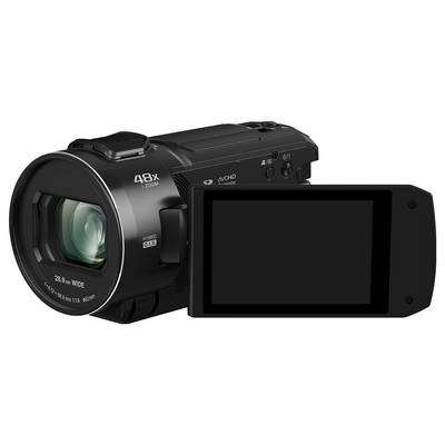 Caméra vidéo noire avec écran LCD déplié. Sur le côté est inscrit '48x Zoom'.