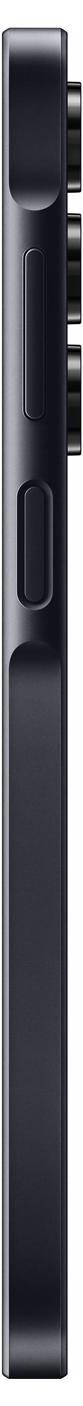 Vue latérale d'un smartphone noir avec deux objectifs de caméra et un bouton déclencheur rectangulaire.