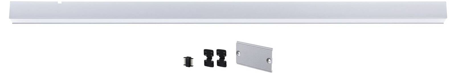 Rail métallique avec deux trous de vis, trois clips en plastique noir et un accessoire de montage rectangulaire.