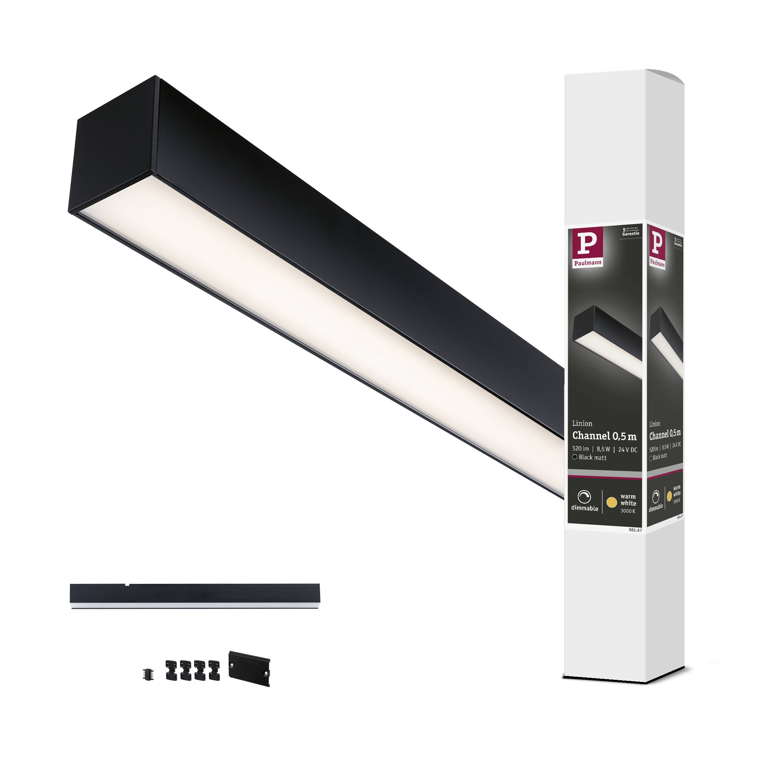 Canal lumineux LED noir et son emballage avec accessoires. Idéal pour un éclairage uniforme de l'espace. Comprend le matériel d'installation.