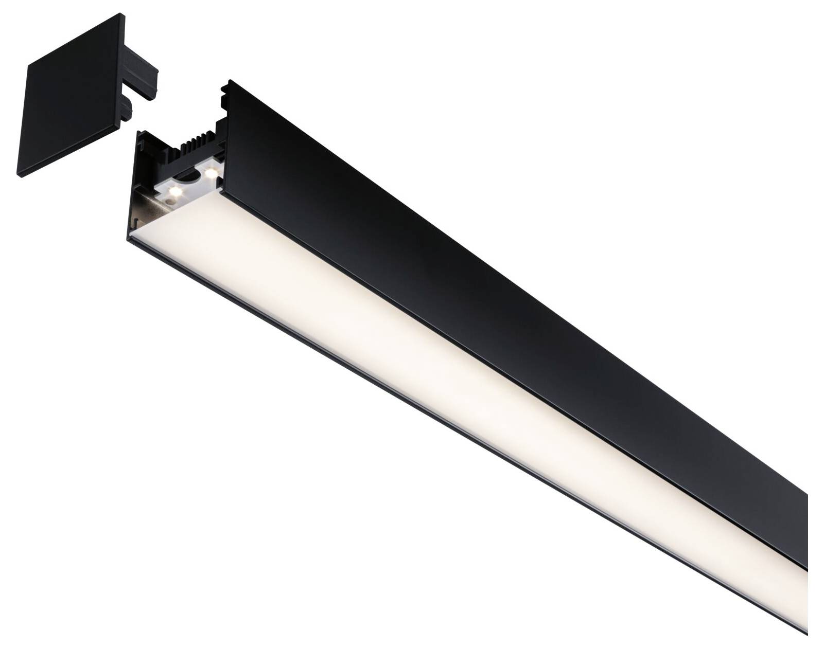 Rail lumineux LED noir avec embout amovible, montrant la structure interne et les possibilités de connexion.