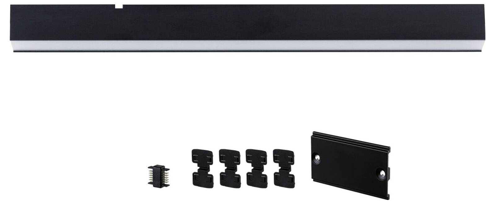 Une longue barre lumineuse rectangulaire noire avec un diffuseur blanc en haut, quatre clips de fixation noirs, une fiche et une plaque de montage.