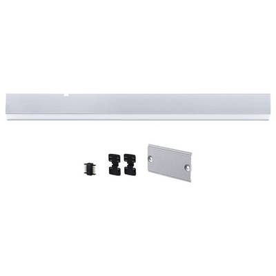 Un kit de luminaire LED sous-meuble en argent avec supports et accessoires de connexion, adapté pour un montage sur du mobilier.
