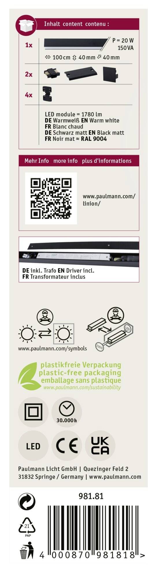 'Ensemble d'éclairage LED : 1x long (20W/1520lm), 2x moyen (12W/1000lm), 4x court (8W/660lm). Inclus système de connexion Plug & Play.'