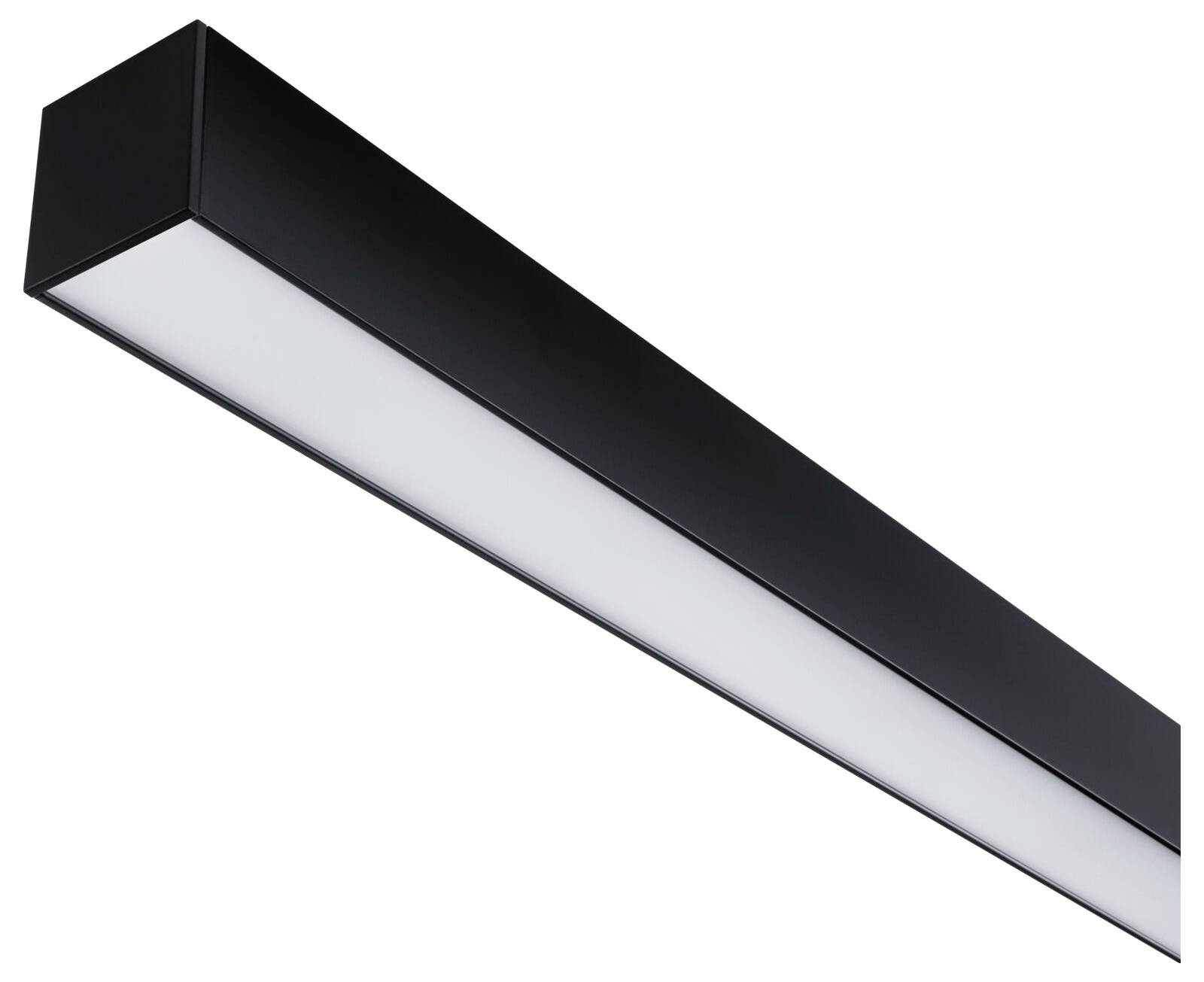 Une lampe LED noire rectangulaire avec un diffuseur blanc, montée en perspective diagonale. Adaptée pour un éclairage intérieur moderne.