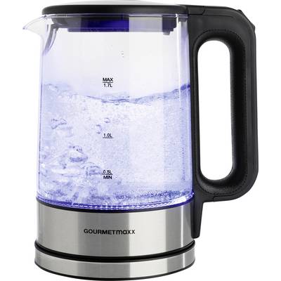 Bouilloire en verre avec éclairage LED, remplie d'eau jusqu'à la marque de 1,5 L. Base en acier inoxydable avec poignée noire.