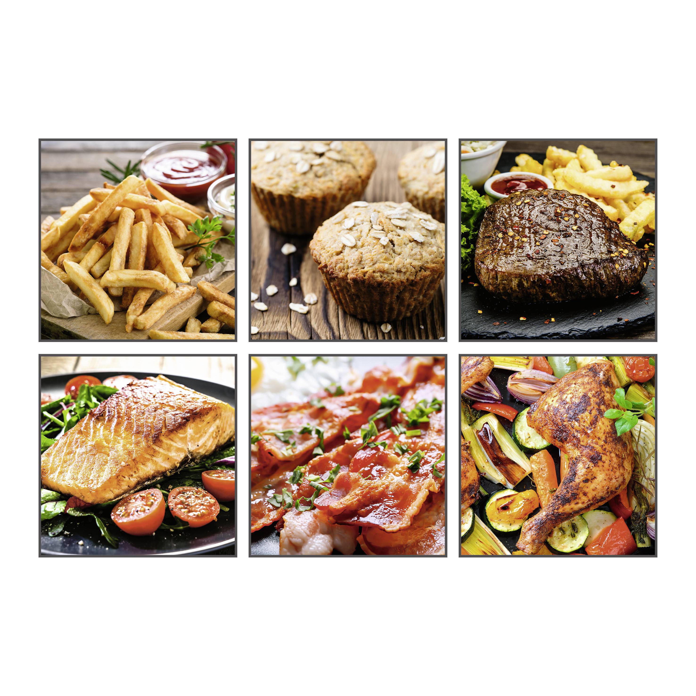 Six images carrées montrent des frites avec du ketchup, des muffins, un steak avec des frites, du saumon avec des légumes, du bacon, et du poulet rôti avec des légumes.