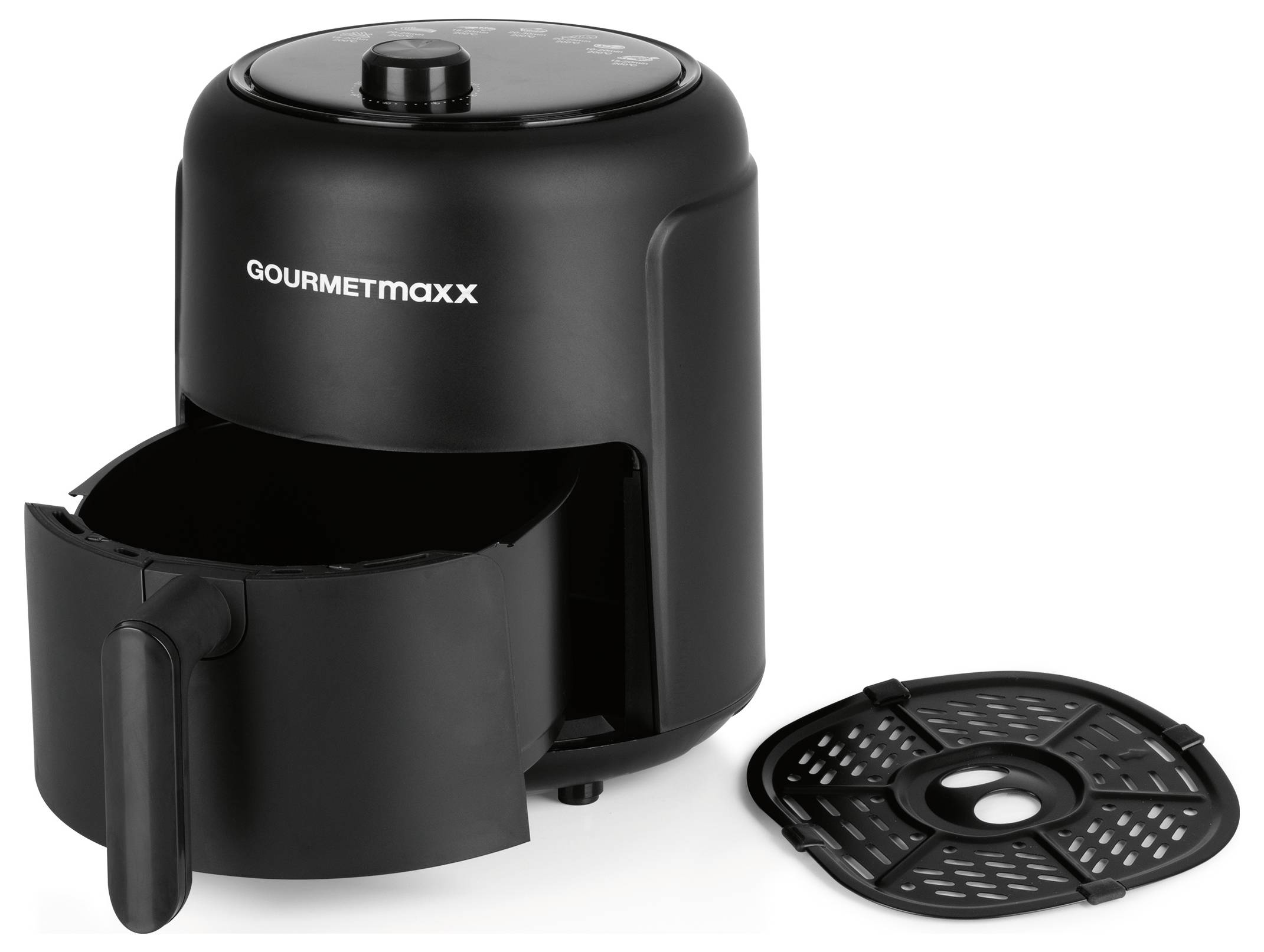 Friteuse à air chaud noir avec panier ouvert et grille amovible.