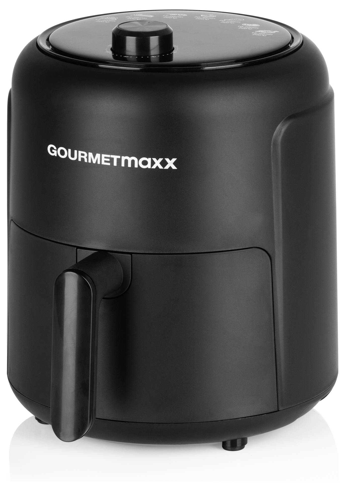 Une friteuse à air chaud noir avec l'inscription 'GOURMETmaxx' sur la face avant, avec une poignée visible à l'avant.