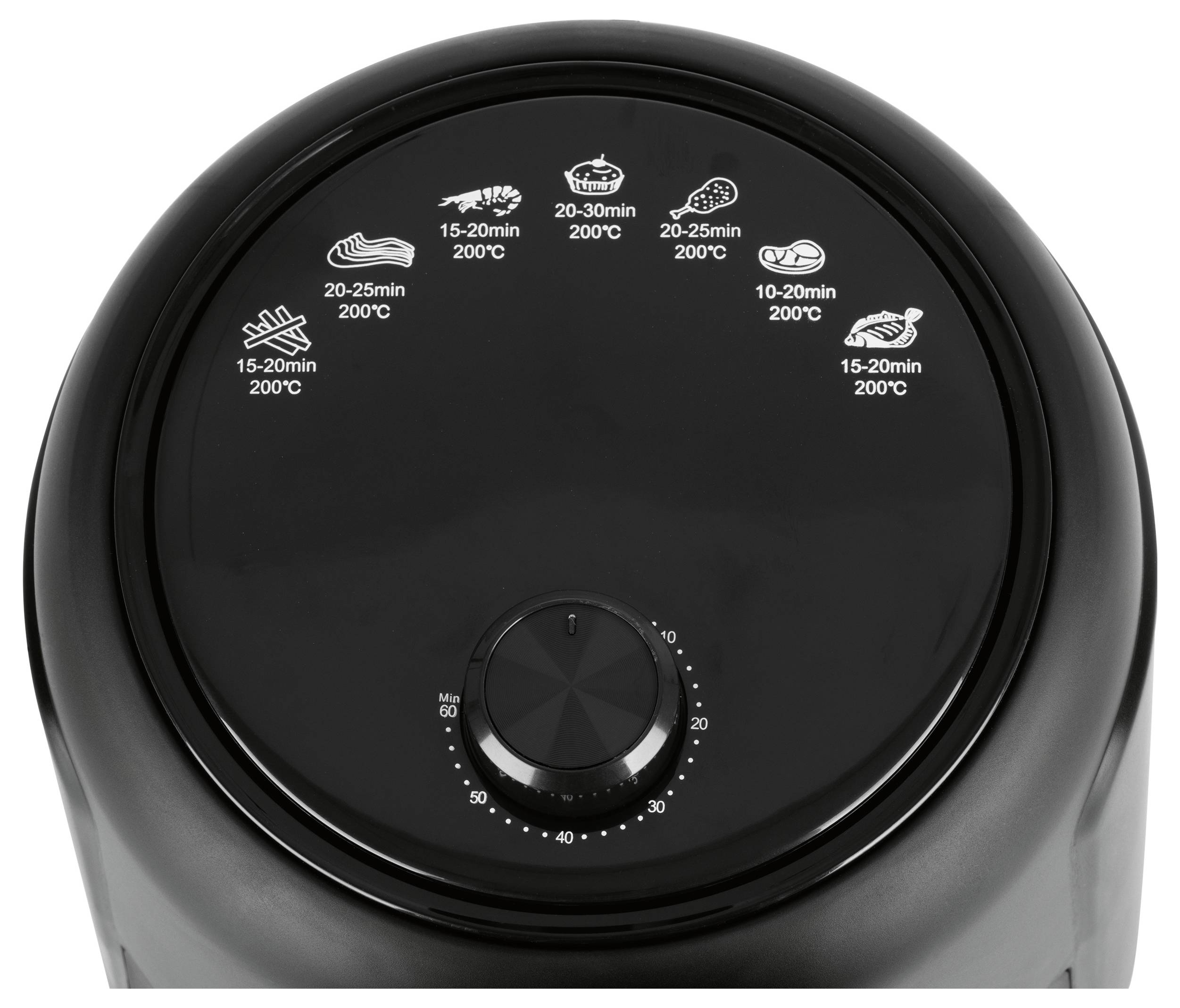 Friteuse à air chaud noir avec commandes et symboles pour différentes préparations culinaires à 200°C et temps de cuisson optimaux.