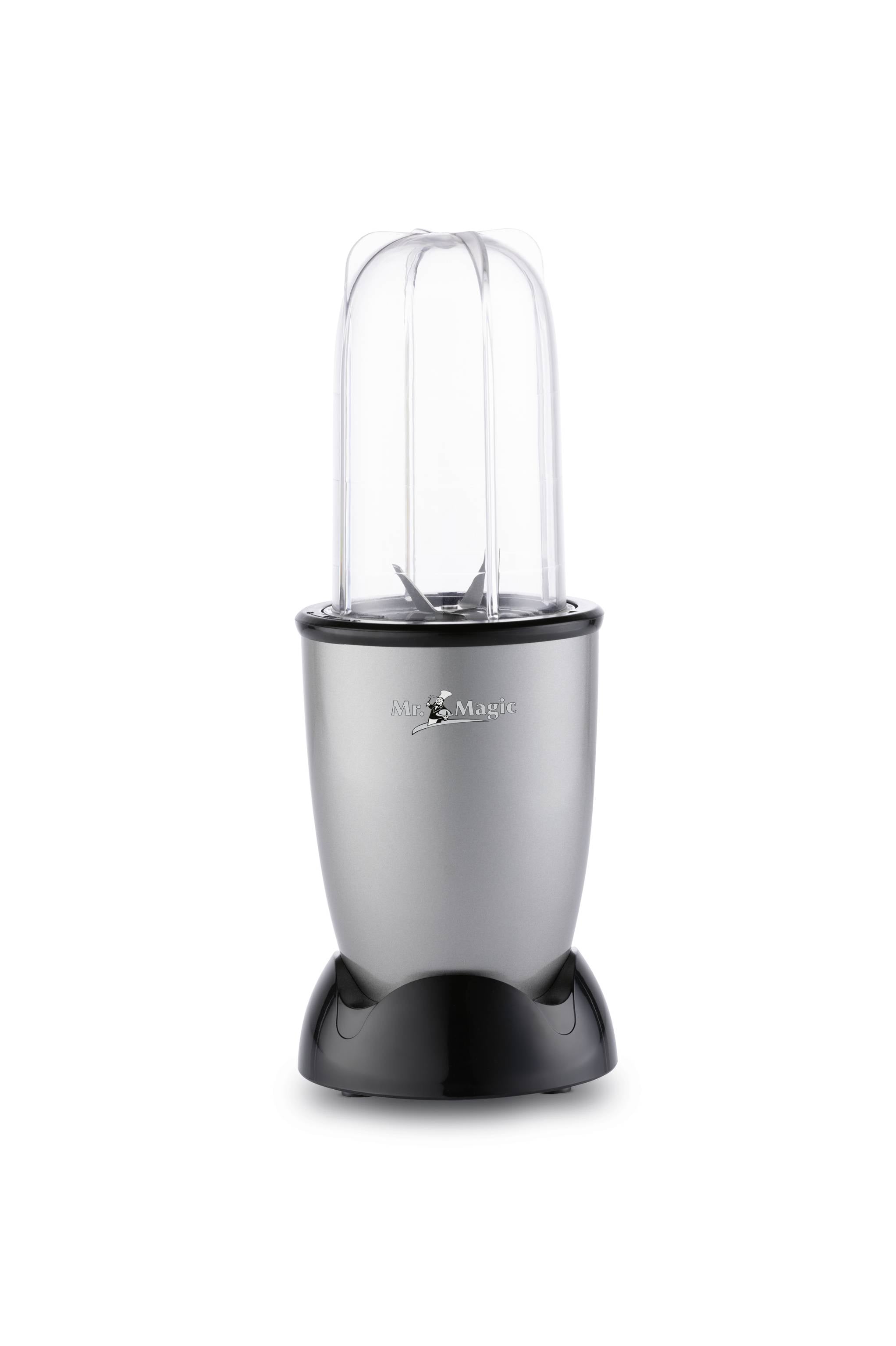 Mixer en acier inoxydable avec récipient transparent et amovible, adapté pour mixer et hacher des aliments.