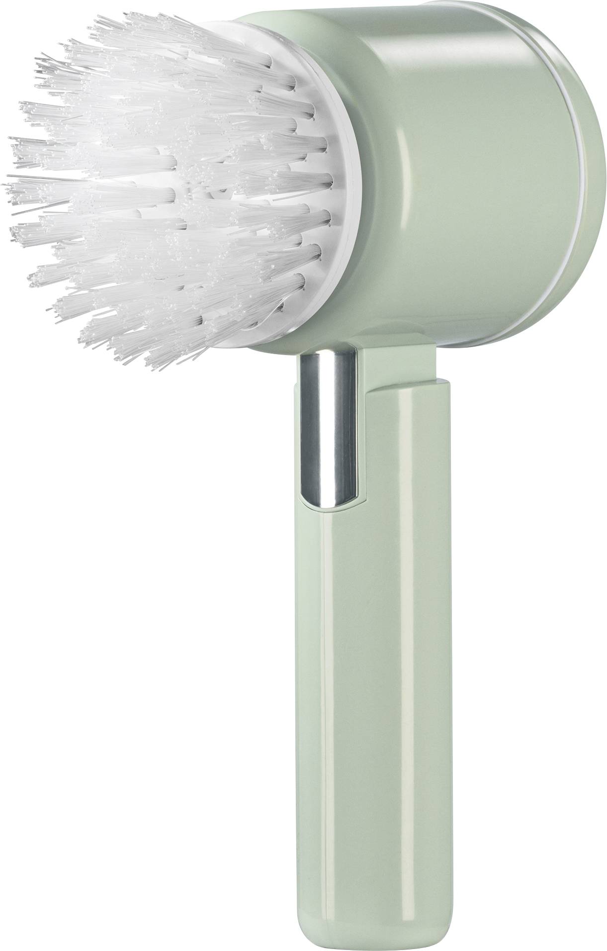 Brosse de nettoyage électrique avec manche vert et poils blancs, vue de profil.
