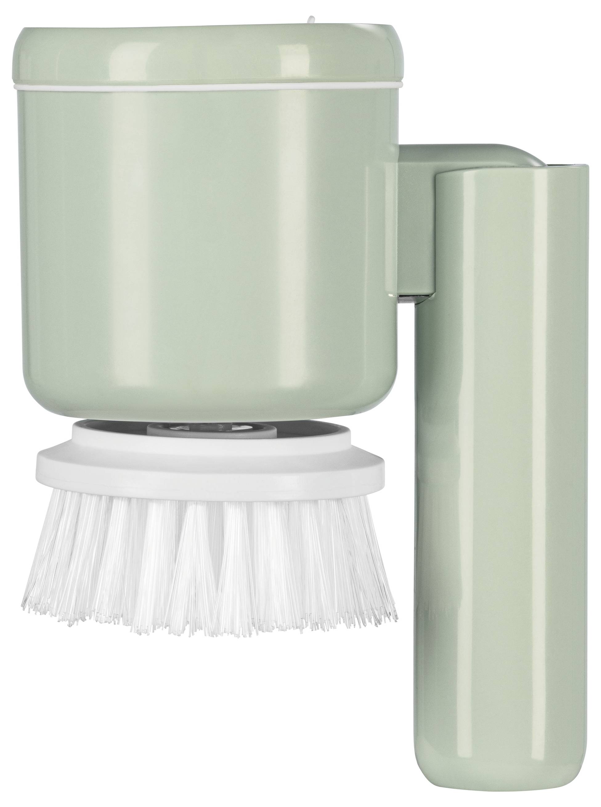 Brosse de nettoyage électrique verte avec des poils blancs et une poignée ergonomique, vue de côté.