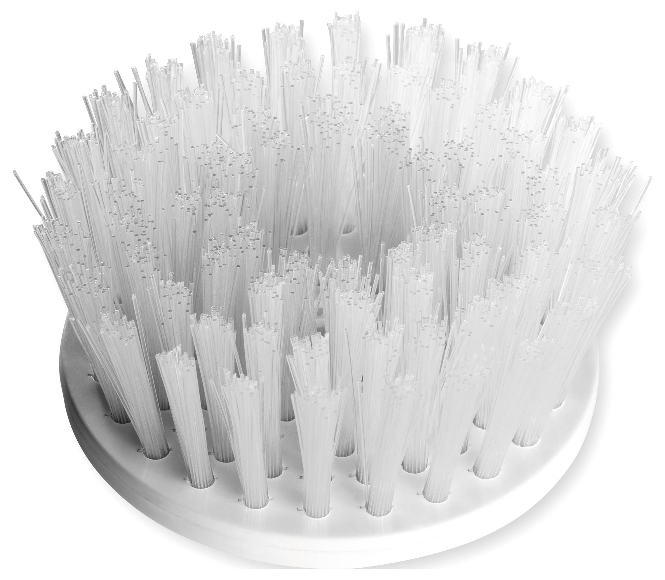 Un pinceau blanc avec de nombreux poils denses, disposés verticalement sur une base ronde.