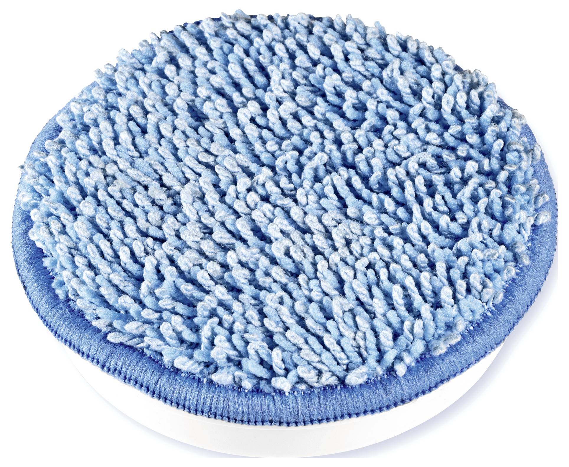 Un polisseur rond en microfibre bleu à texture pelucheuse. Idéal pour le nettoyage ou le traitement des surfaces.