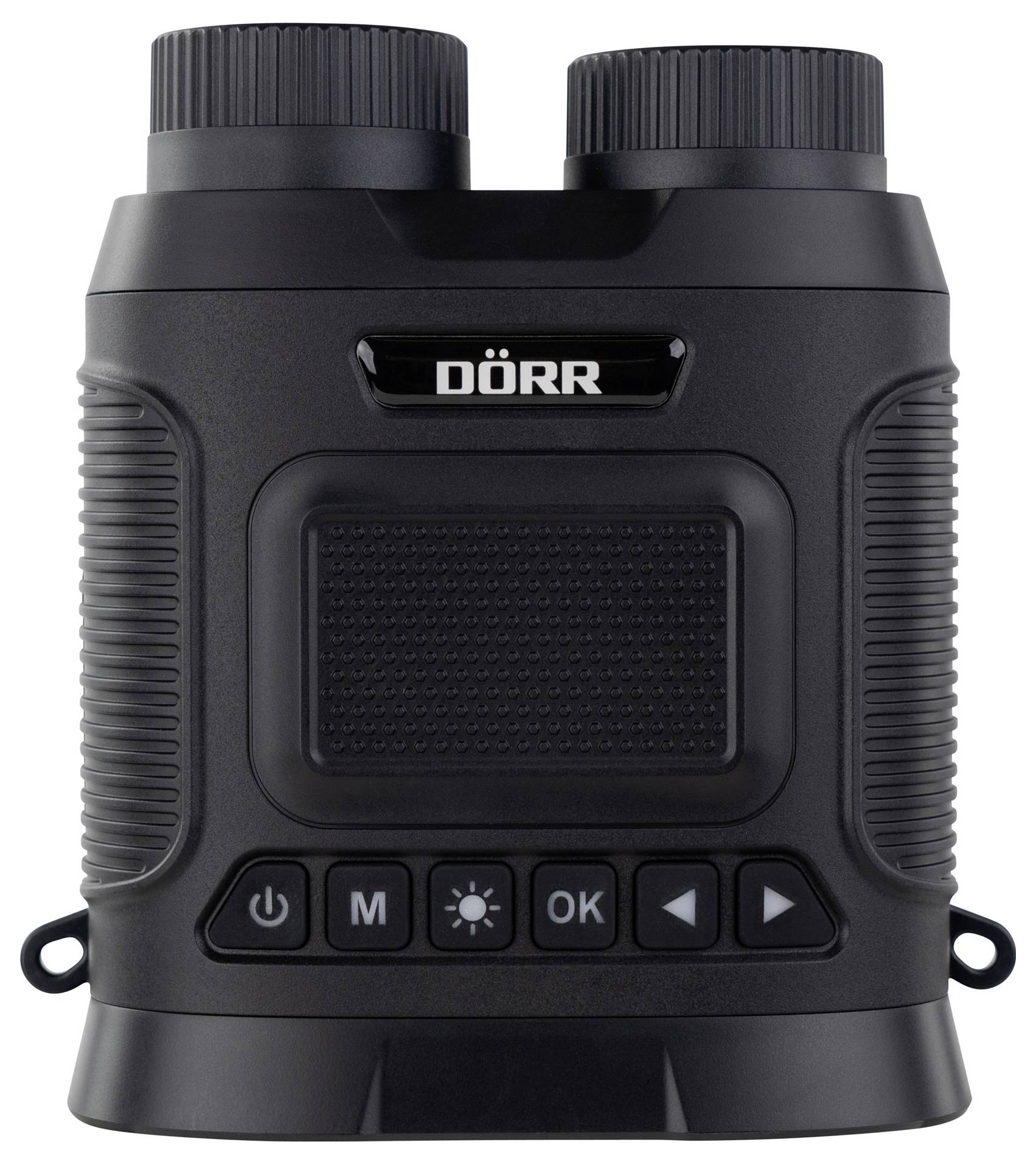 Une paire de jumelles noires portant l'inscription 'Dörr' sur l'avant. Elle comporte plusieurs boutons pour différentes fonctions.