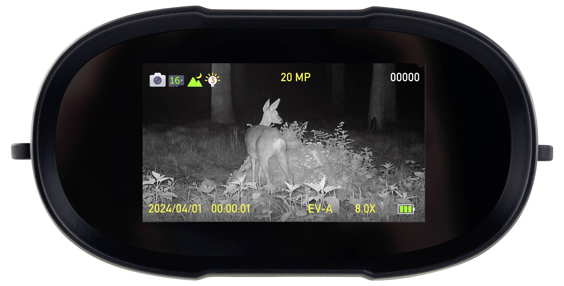 Une caméra de chasse capture un chevreuil dans la forêt nocturne. L'affichage indique « 20 MP » et « 2024/04/01 00:00:01 ».