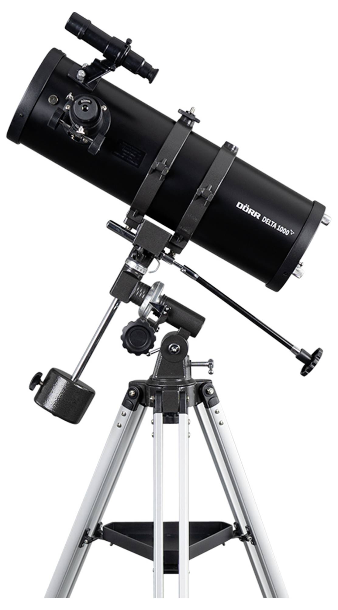 Un télescope noir sur un trépied argenté, prêt à l'observation du ciel.