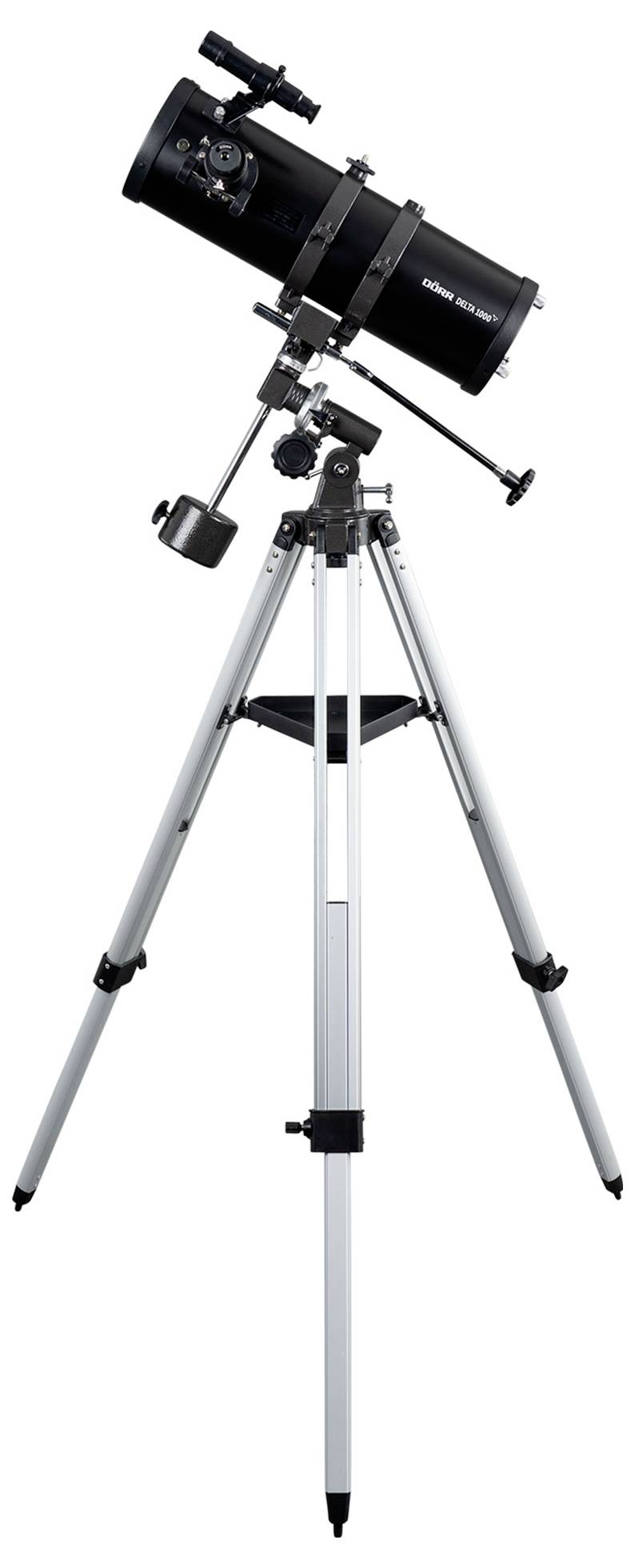 Télescope argenté sur un trépied, pointé vers le ciel. Idéal pour l'observation des étoiles et des corps célestes.