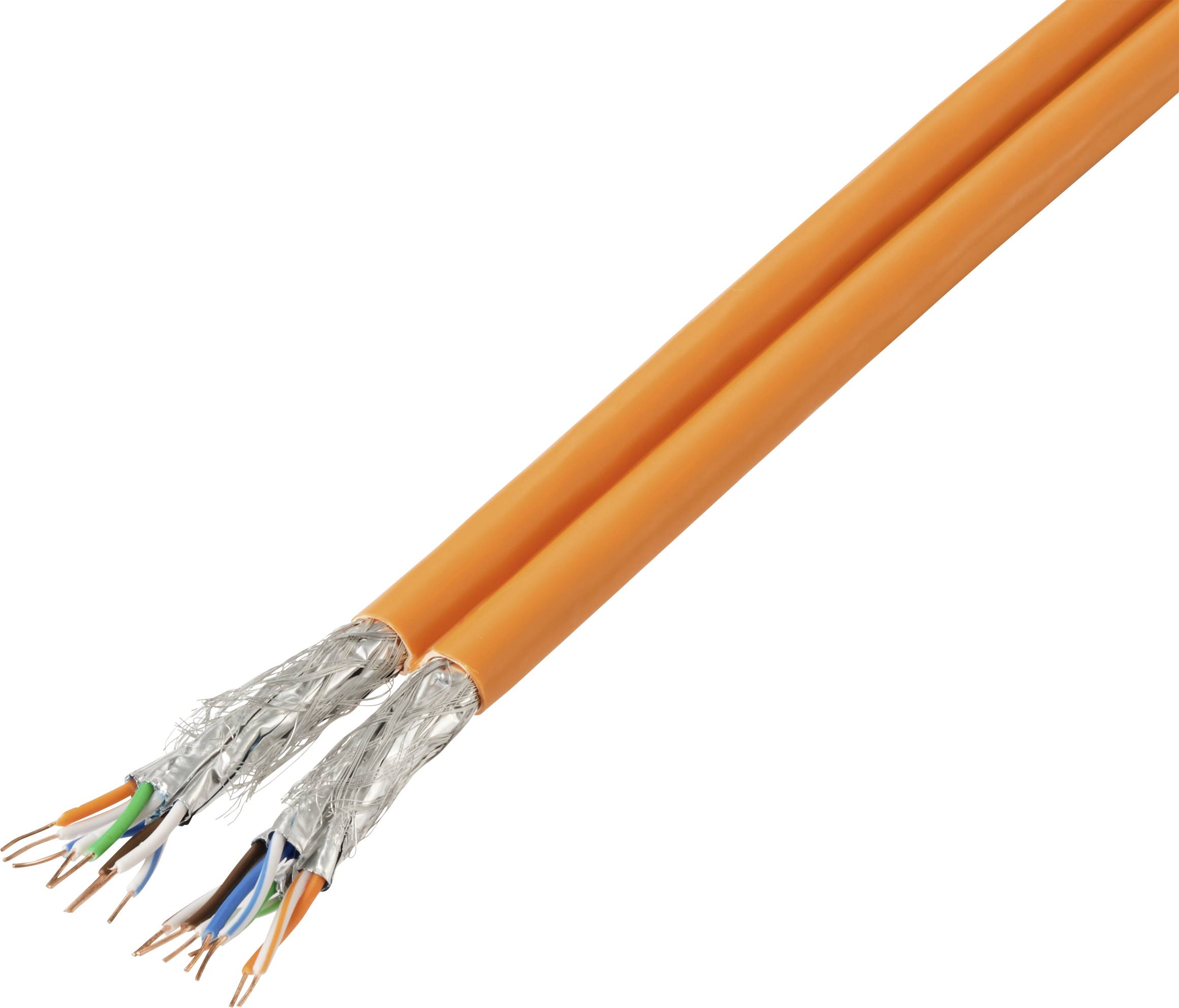 Un câble réseau ou de données orange avec des fils dénudés en forme de torons à ses extrémités, adapté aux applications techniques.