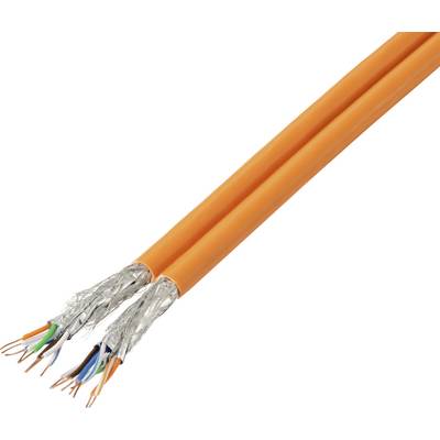 Un câble réseau ou de données orange avec des fils dénudés en forme de torons à ses extrémités, adapté aux applications techniques.
