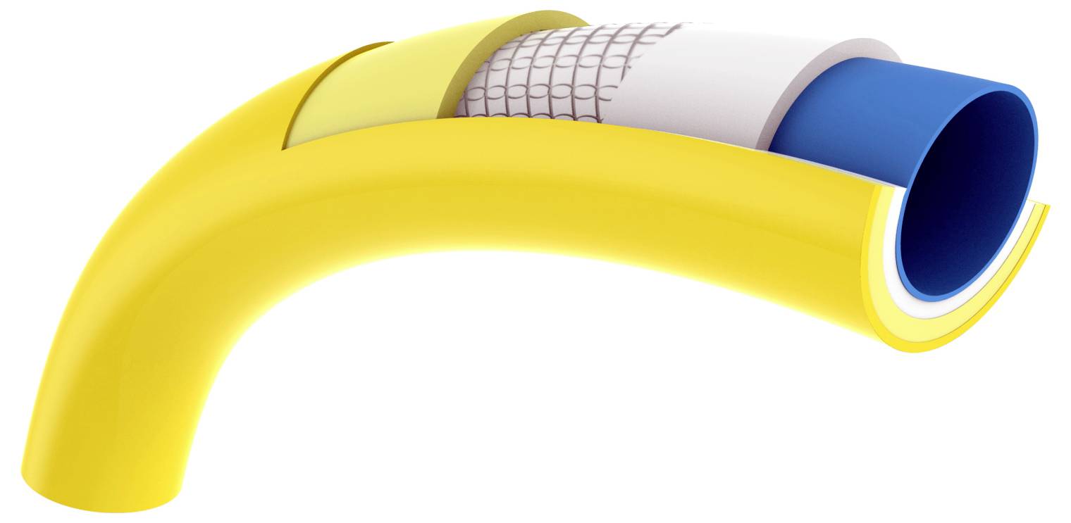 Un tuyau en plastique courbé avec une coupe montrant plusieurs couches. De l'extérieur vers l'intérieur : jaune, transparent, blanc et bleu.