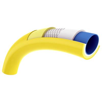Un tube jaune en coupe transversale montre plusieurs couches, comprenant une couche externe jaune, une couche de tressage métallique et une couche interne bleue.