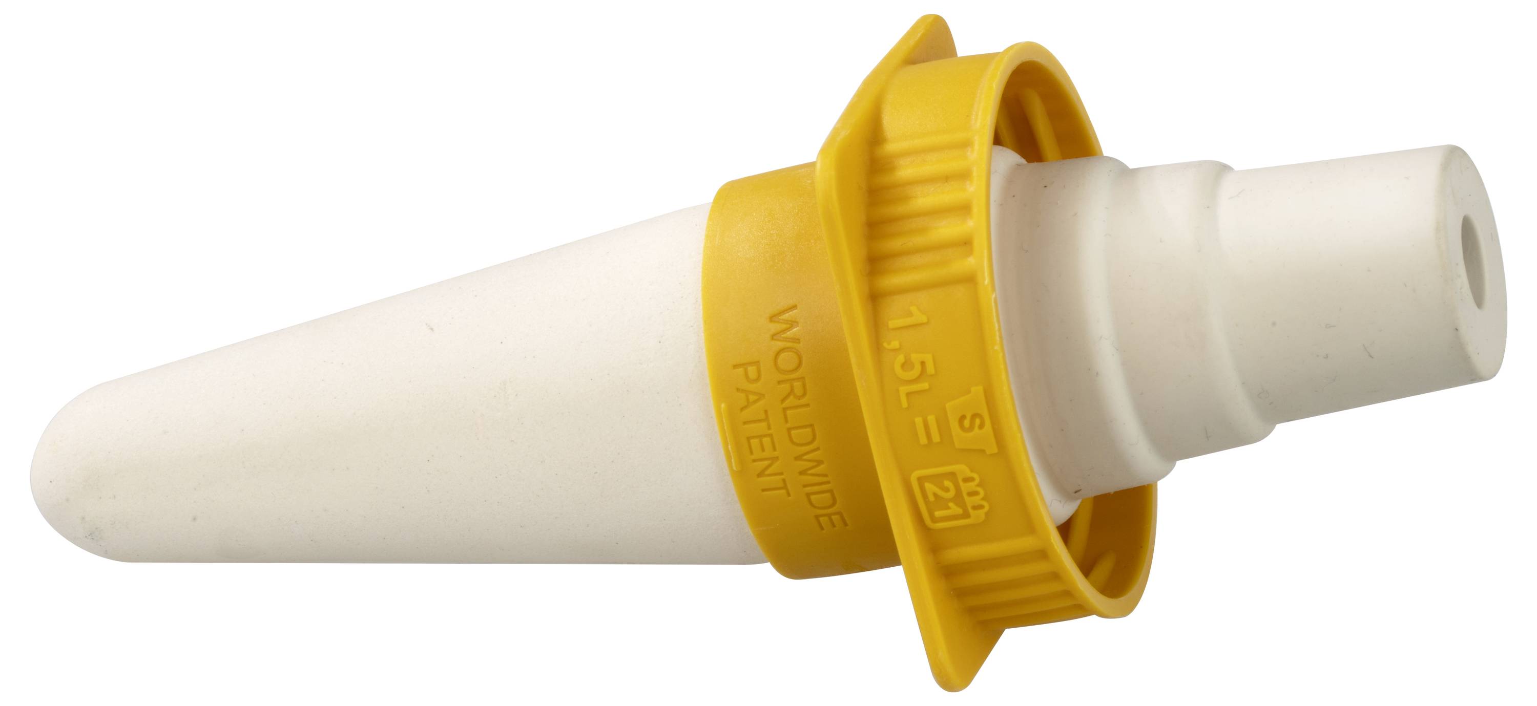 Image d'un robinet en plastique blanc avec une poignée jaune sur laquelle est inscrit « World Wide Patent ».