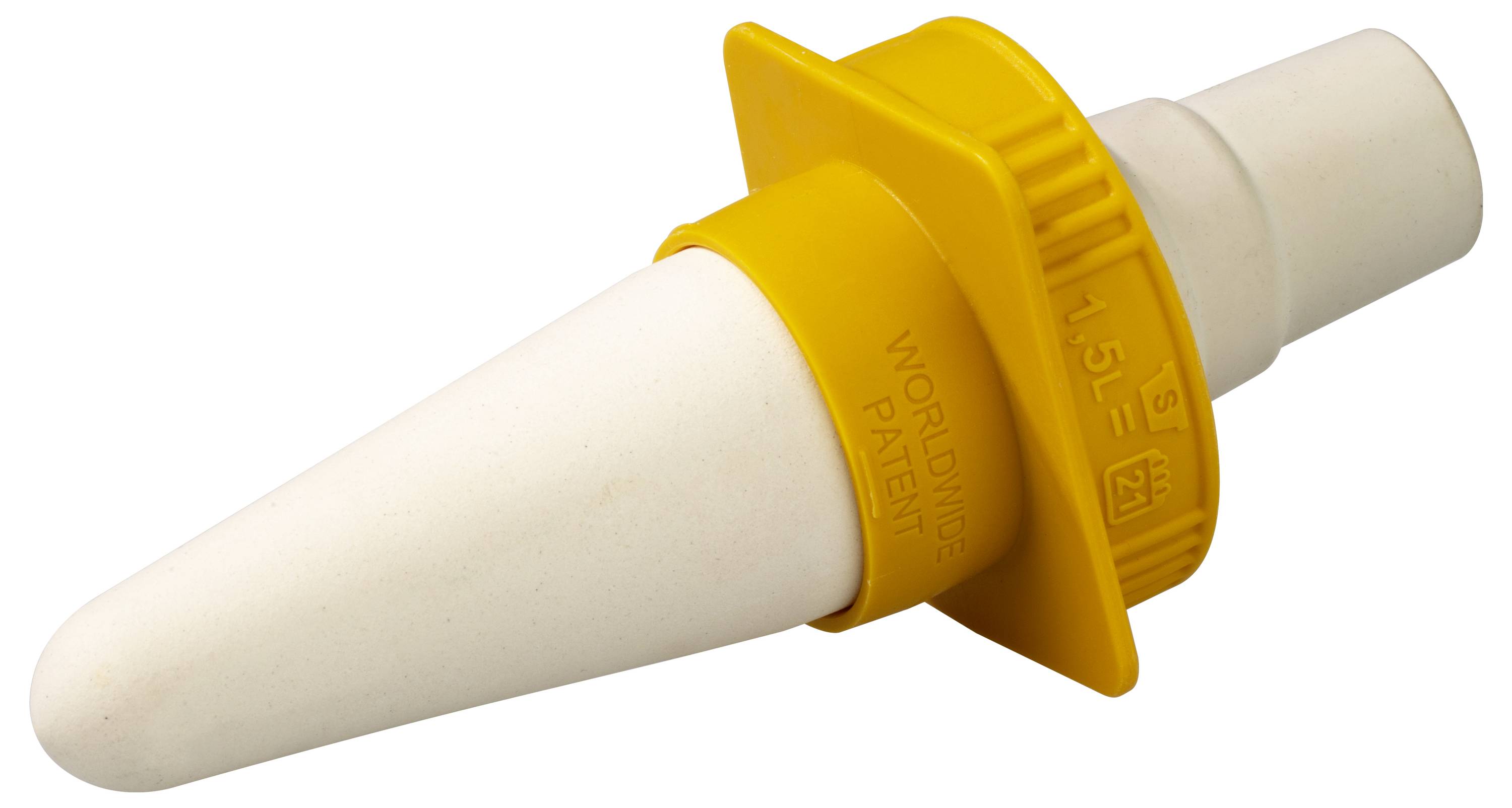 Arrêt-gouttes blanc avec manchette en acier inoxydable jaune pour prévenir les pertes de liquide dans les bouteilles ou les contenants.