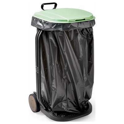 Poubelle noire avec couvercle vert, deux roues et un sac poubelle noir.