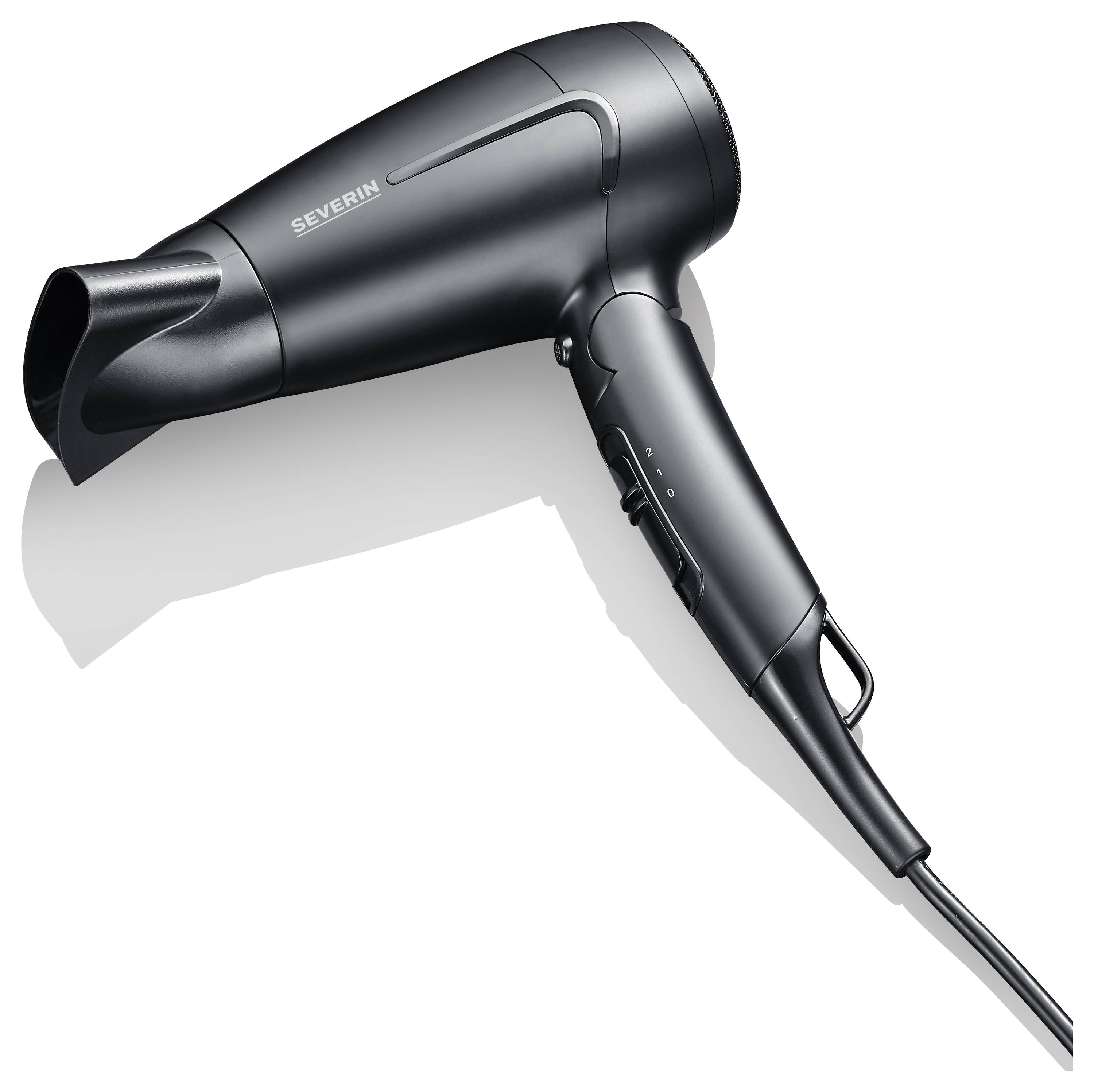 Un sèche-cheveux noir avec une poignée ergonomique et plusieurs réglages, adapté à un usage quotidien.
