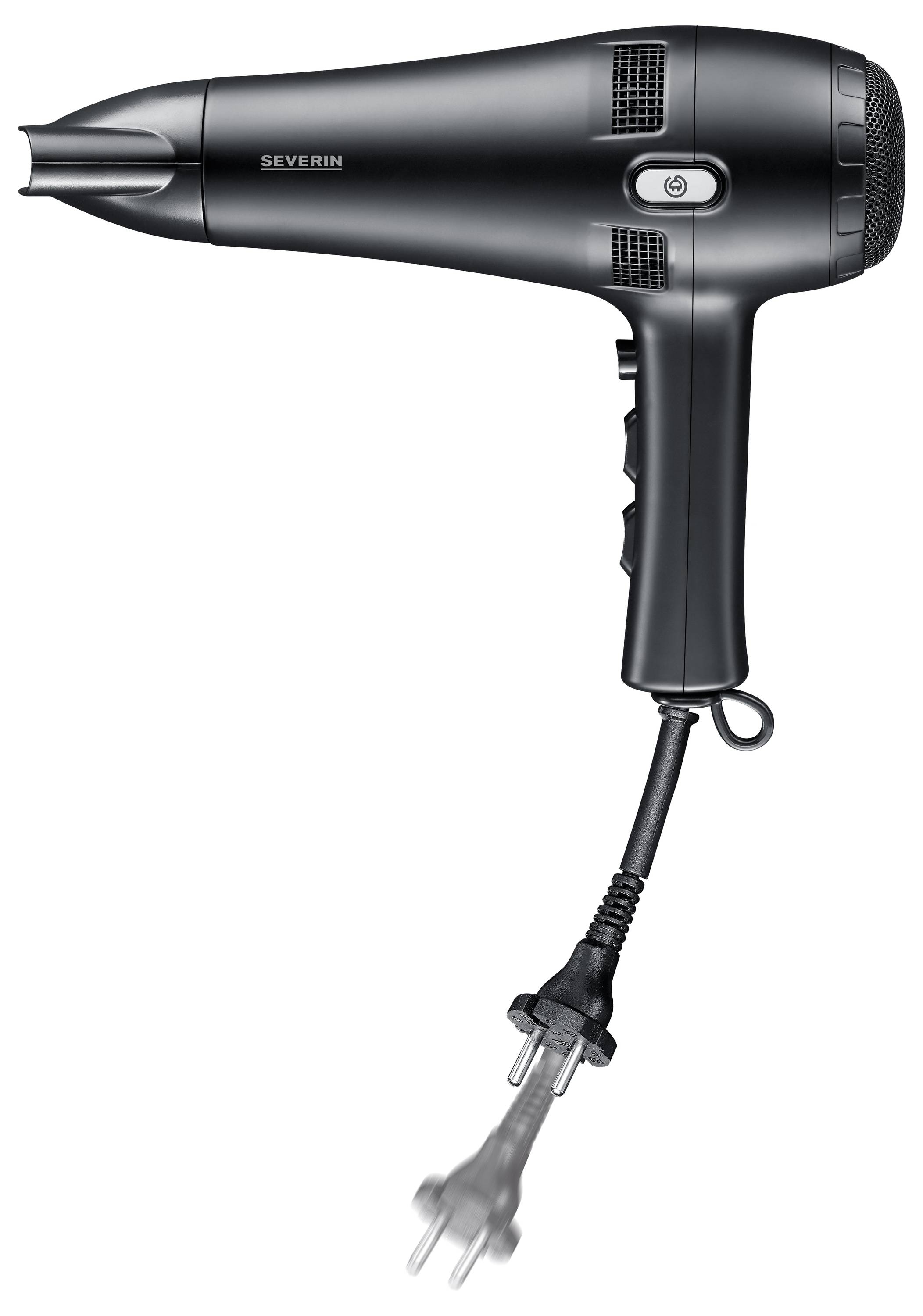 Un sèche-cheveux noir avec buse et câble.