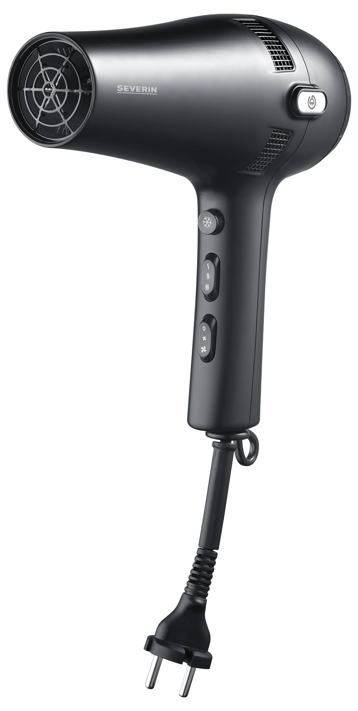 Sèche-cheveux noir avec câble et prise. Touches de commande sur la poignée. Idéal pour sécher et coiffer rapidement les cheveux.