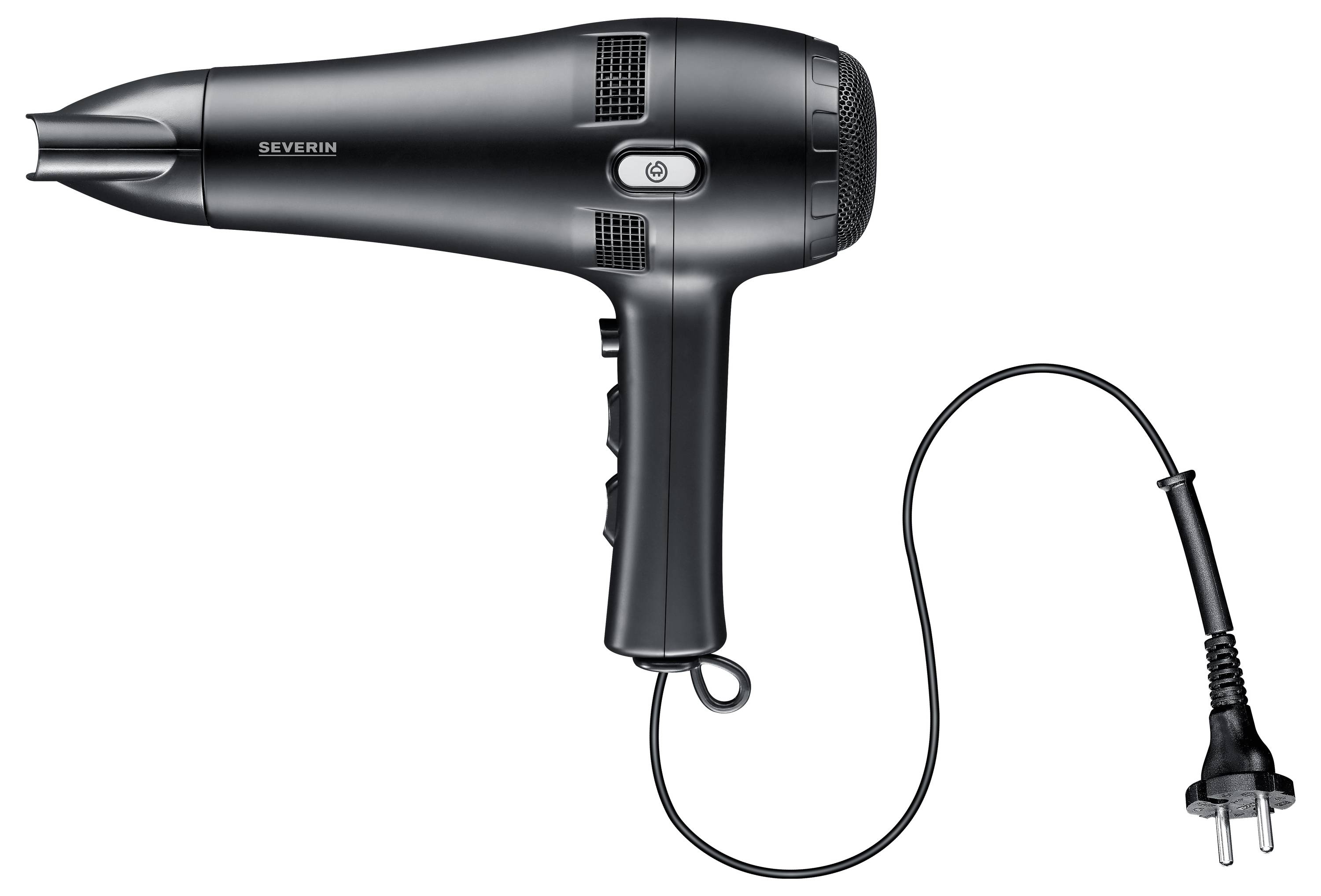 Un sèche-cheveux noir avec un câble et une fiche est posé sur une surface blanche.
