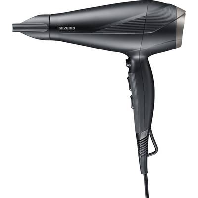 Sèche-cheveux noir avec poignée ergonomique et plusieurs boutons sur le côté pour régler la vitesse et la température de l'air.