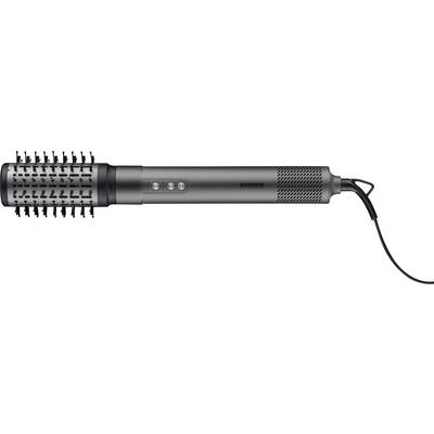 Brosse à air chaud électrique en noir avec un embout de brosse rond et un câble secteur. Adaptée pour styliser les cheveux avec de l'air chaud.