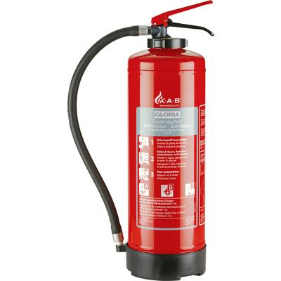 Extincteur rouge avec un tuyau noir et un levier rouge. Inscription sur la face avant : 'Extincteur K.A.B.' avec des instructions d'utilisation.