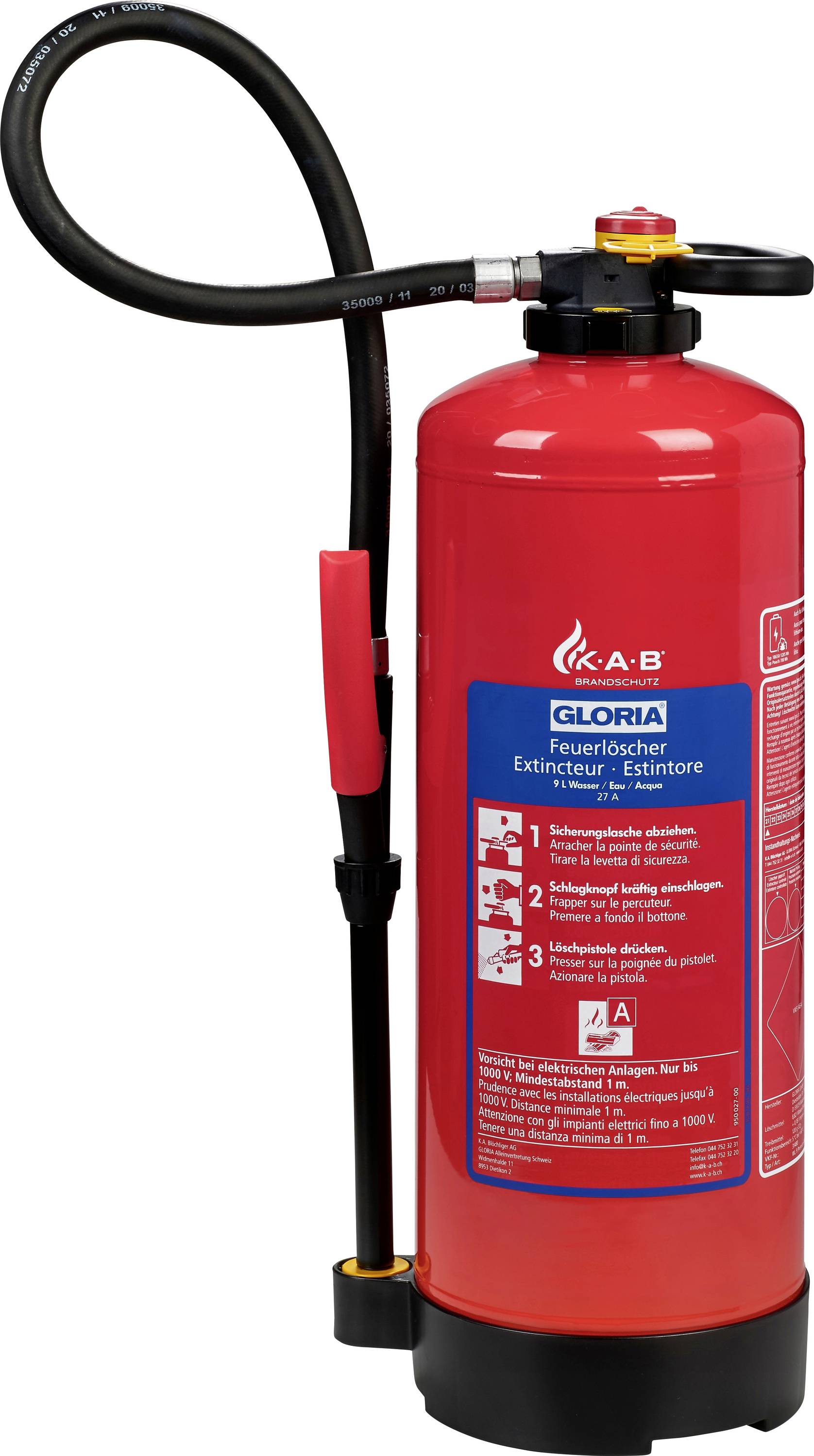Un extincteur avec un corps rouge et un tuyau noir. Il porte des instructions d'utilisation et convient aux classes de feu A et B.