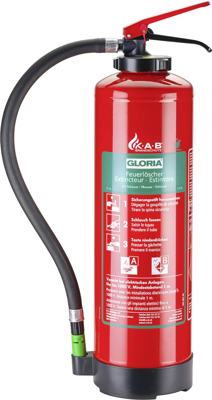 Un extincteur rouge avec un tuyau noir et une poignée. Les instructions d'utilisation sont imprimées en allemand.
