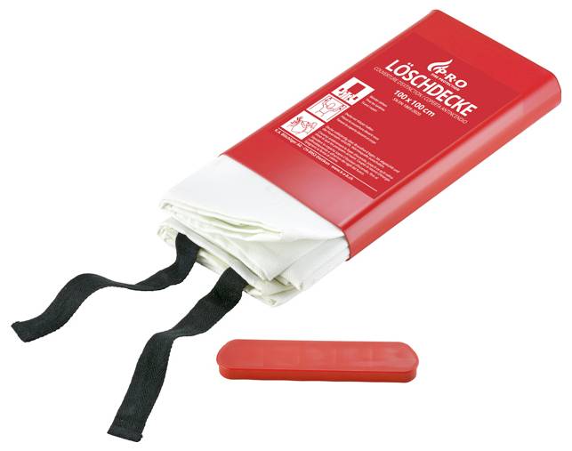Une couverture anti-feu dans un récipient rouge, fabriquée selon la norme DIN EN 1869:1997. Comprend des instructions et des symboles d'utilisation.
