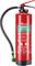 Extincteur rouge avec tuyau noir, adapté aux classes de feu A et B. Contient des instructions pour une utilisation en cas d'urgence.