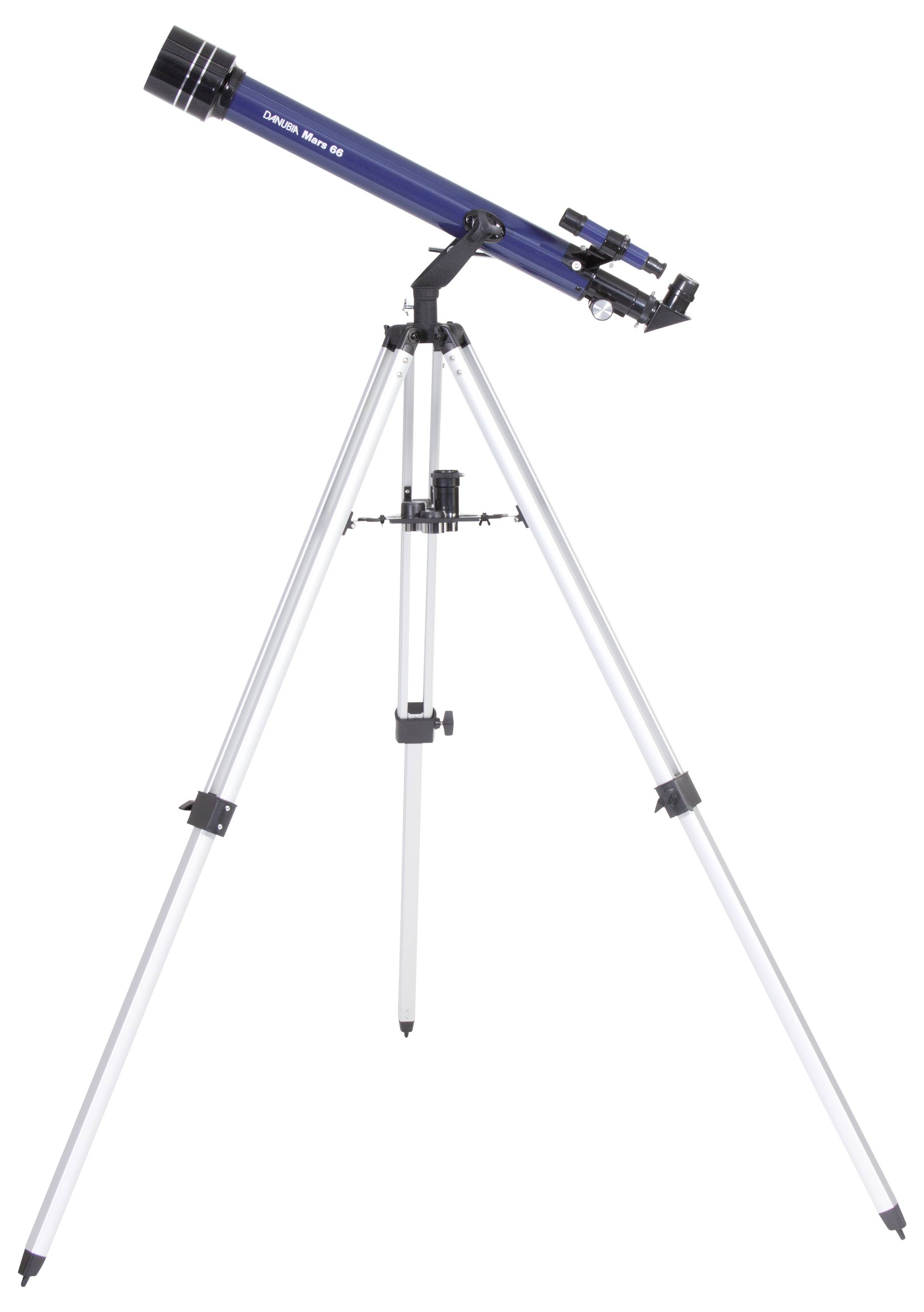 Télescope bleu sur trépied argenté, adapté pour l'observation du ciel.