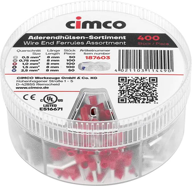 Conteneur en plastique transparent et rond d'assortiment de embouts de fil CIMCO, étiqueté 400 pièces avec tableau des tailles et code QR, montrant des embouts rouges à l'intérieur.