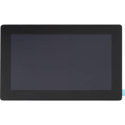 Un écran de tablette noir avec un onglet bleu à droite, éteint. Il n'y a aucune information ou contenu visible sur l'affichage.