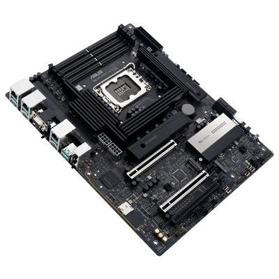 Une carte mère noire avec plusieurs emplacements PCIe, quatre emplacements RAM et plusieurs ports. Le nom de la marque est visible sur le support du processeur.