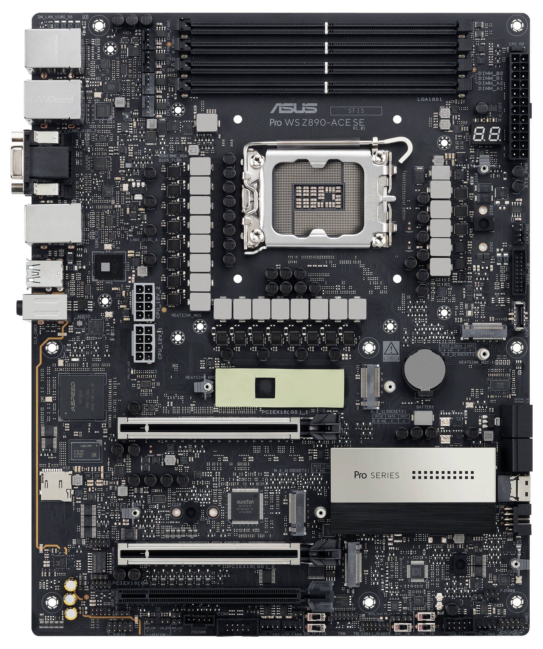 Carte mère 'ASUS Pro WS Z690-Ace SE' avec socket CPU, emplacements RAM, slots PCIe et connecteurs, adaptée pour la construction de PC.