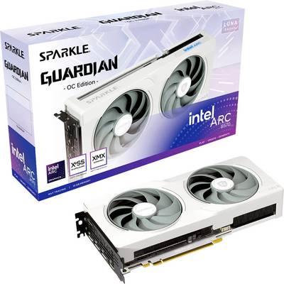 Carte graphique 'Sparkle Guardian OC Edition' avec des ventilateurs blancs devant l'emballage. L'emballage affiche le logo et le modèle 'Intel Arc A570'.